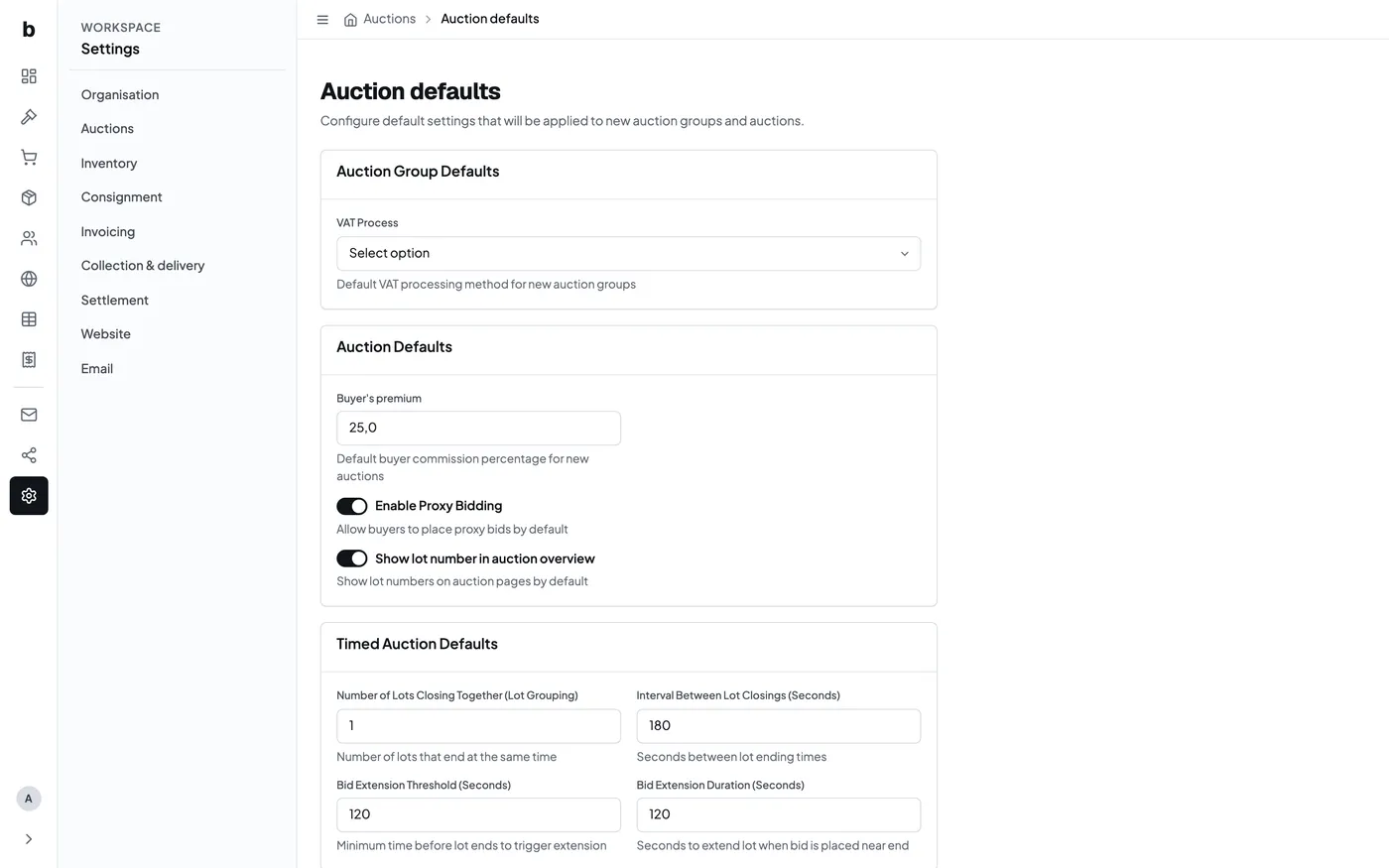 Auction defaults in Bidvise settings
