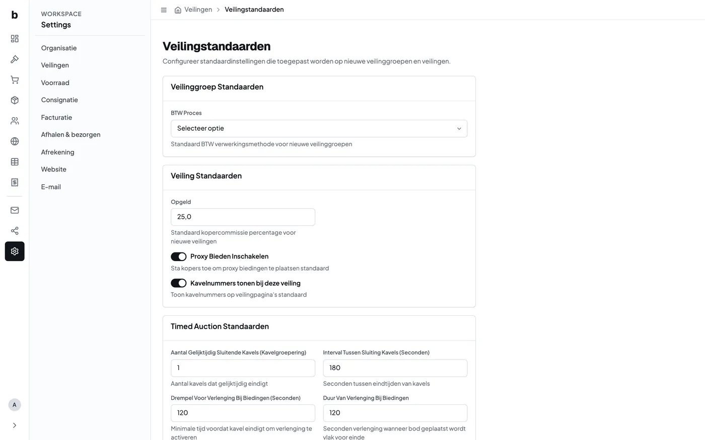 Veilingstandaarden in de Bidvise-instellingen