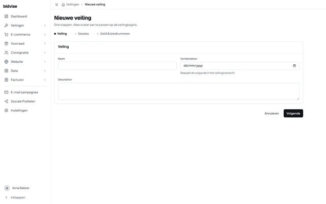De gegevens van een nieuwe veiling invoeren in Bidvise