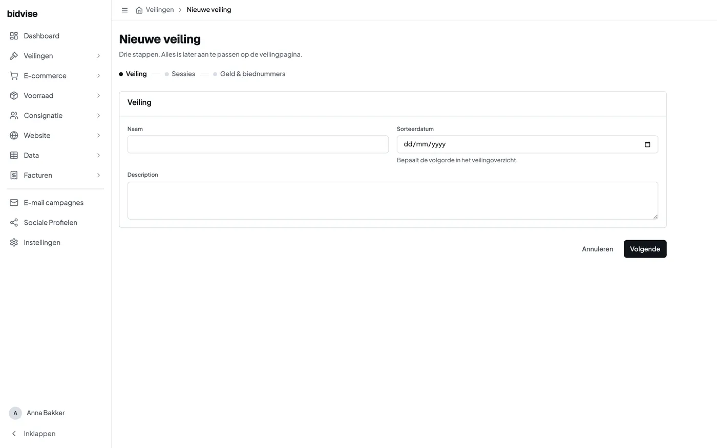 De gegevens van een nieuwe veiling invoeren in Bidvise