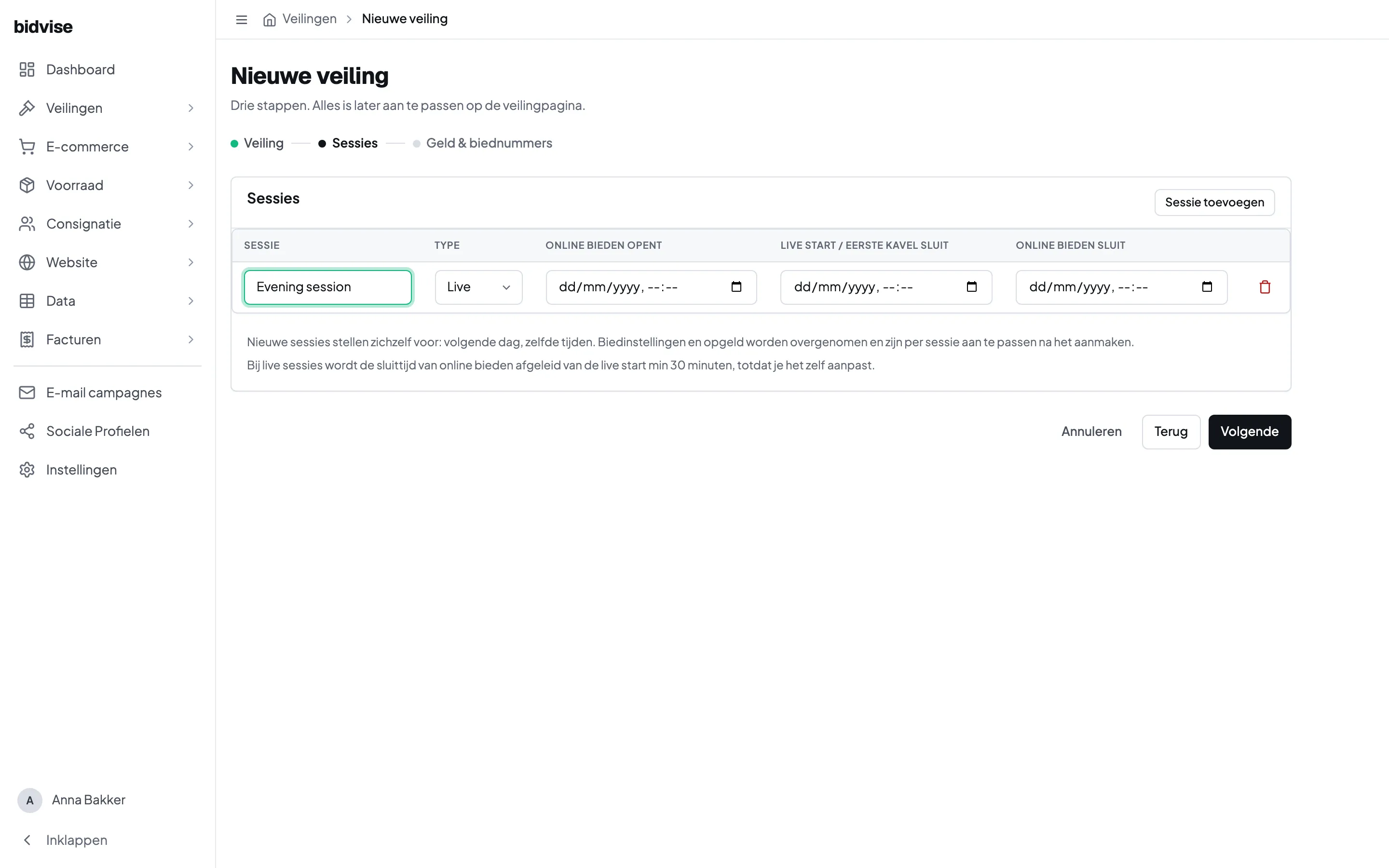 De sessies van een veiling instellen