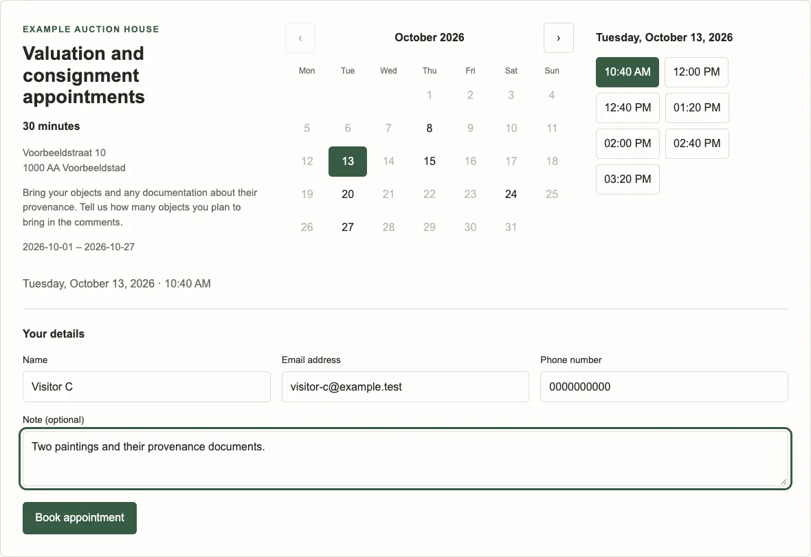 A valuation page with the booking calendar and available times