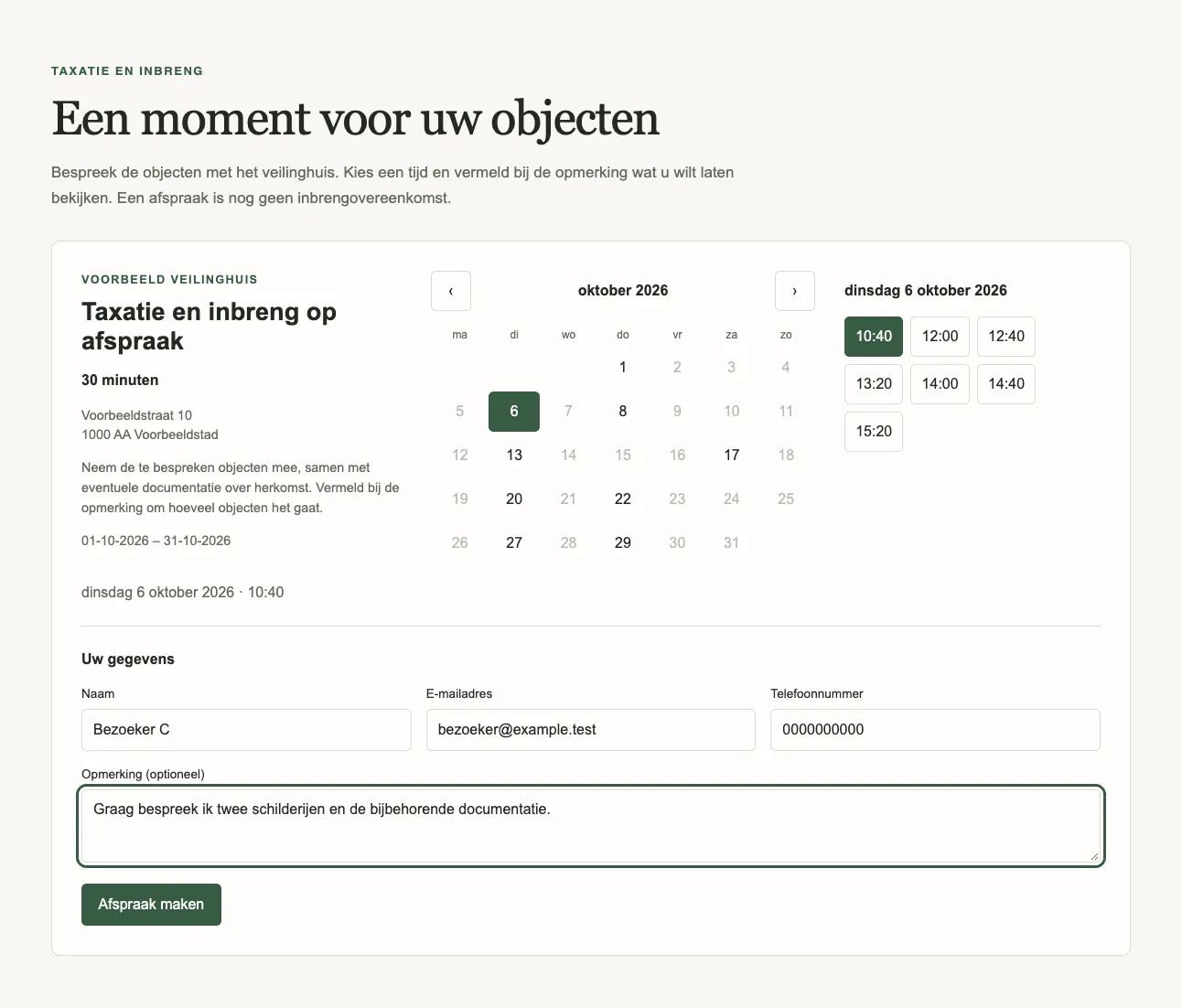 Een taxatiepagina met de boekingskalender en beschikbare tijden