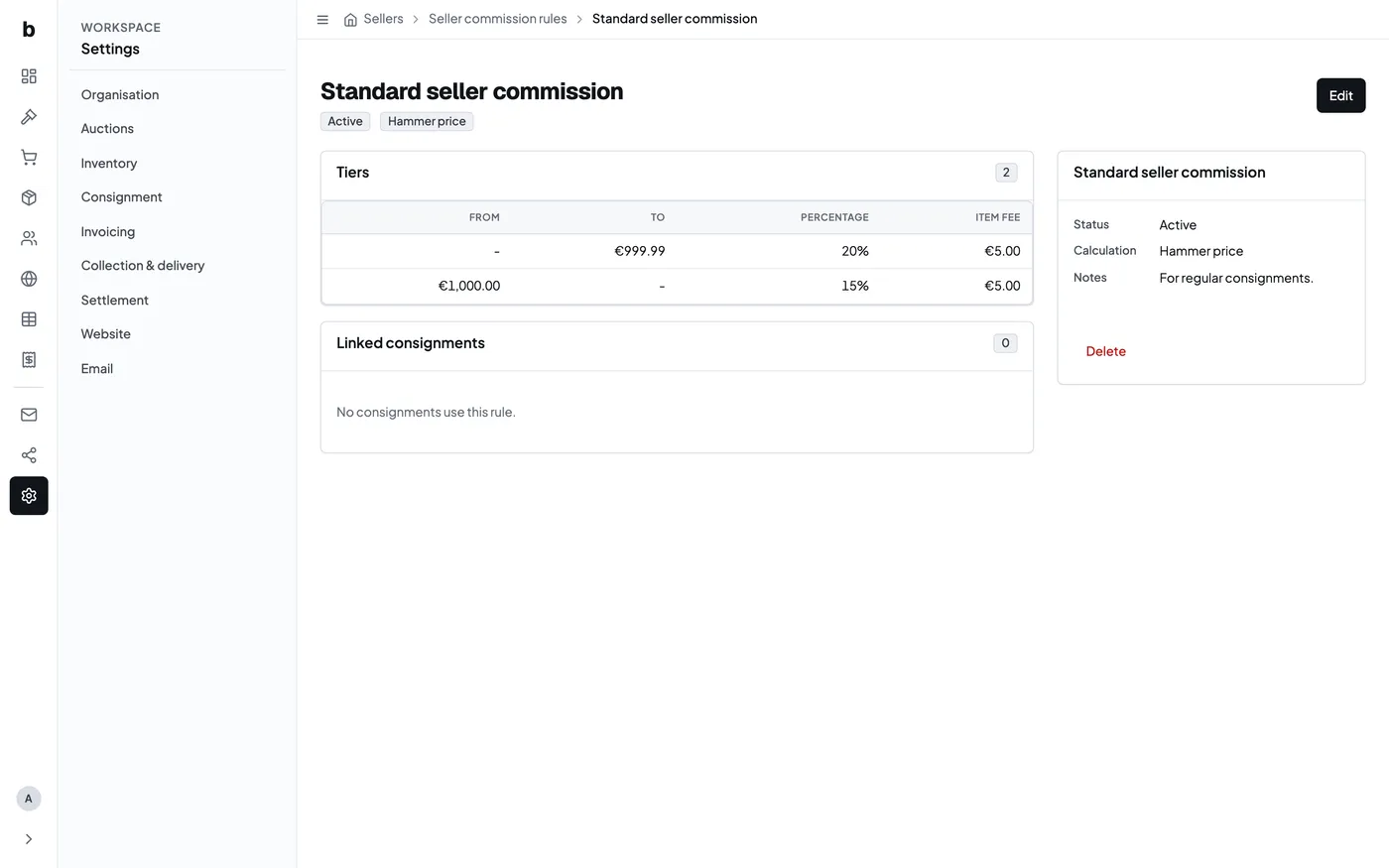 Editing a tiered seller commission rule
