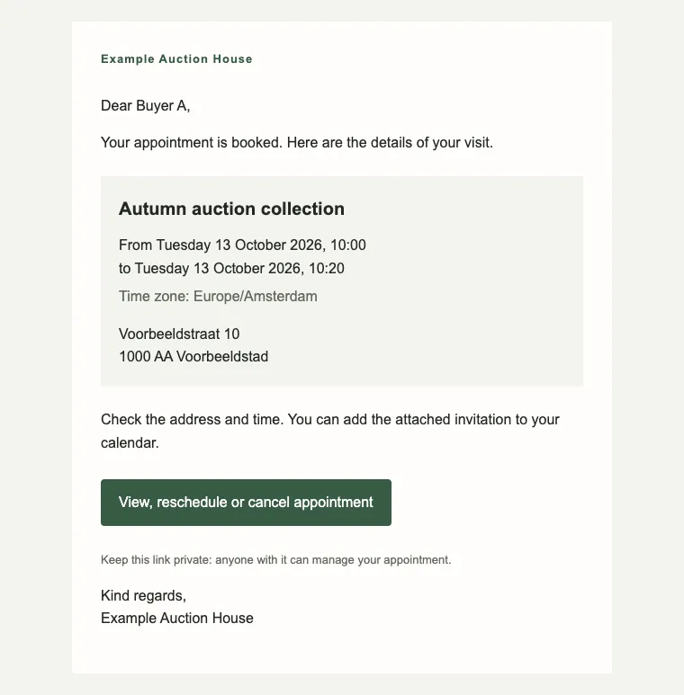 A confirmation email with appointment details, address and management link