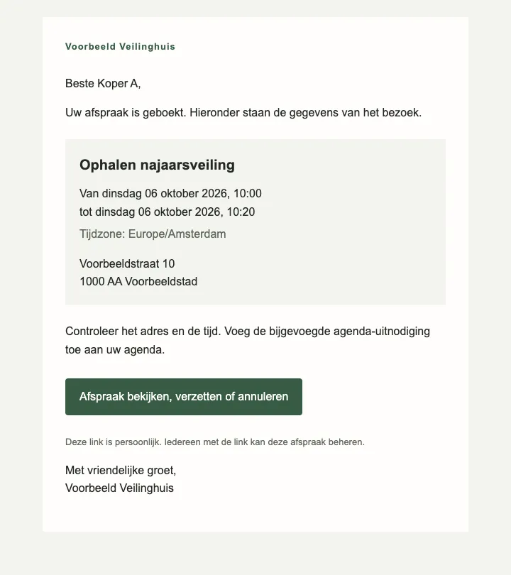 Een bevestigingsmail met afspraakgegevens, adres en beheerlink