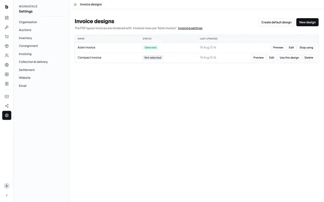 The invoice designs list with one selected layout