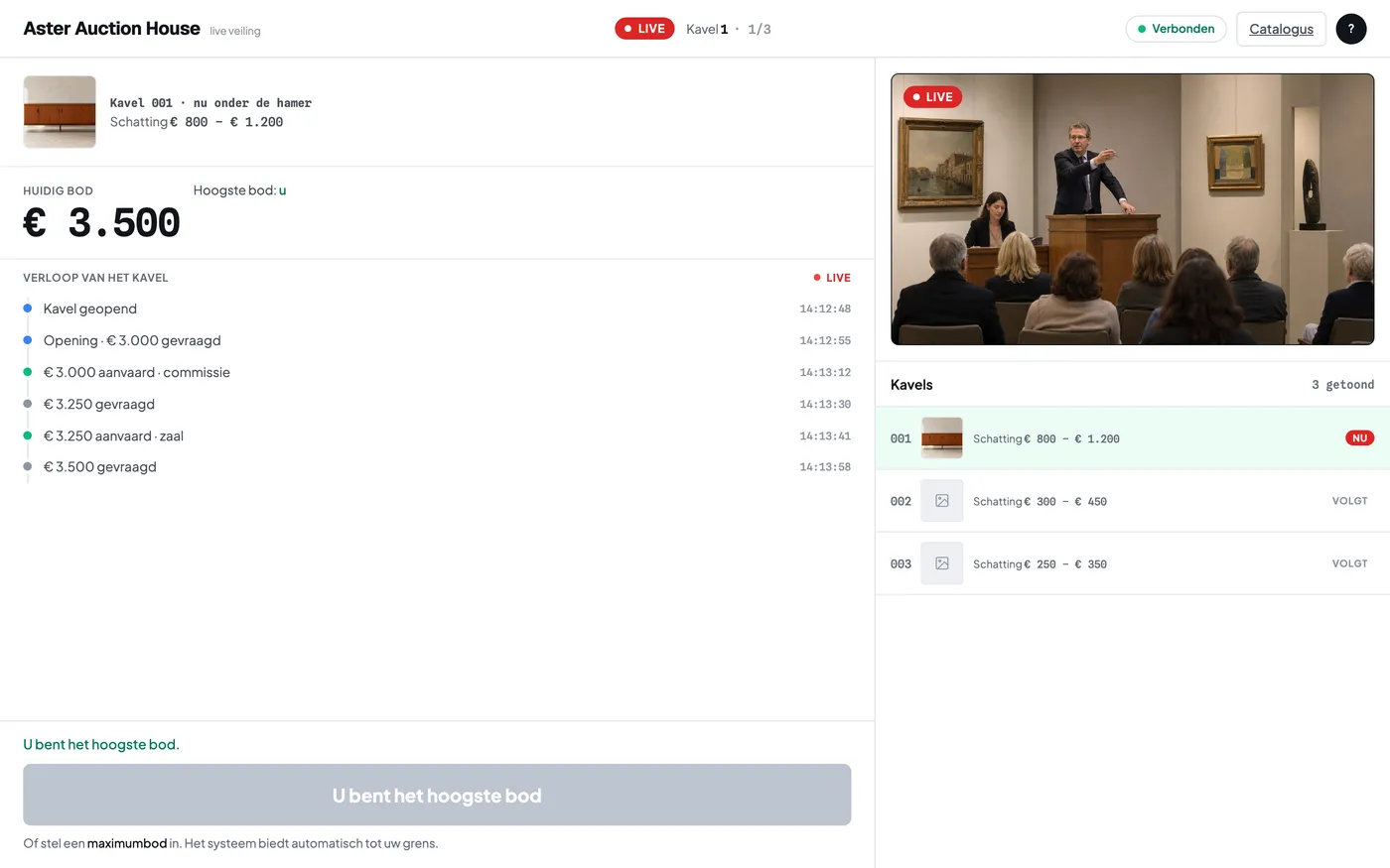 De biederinterface van een live veiling