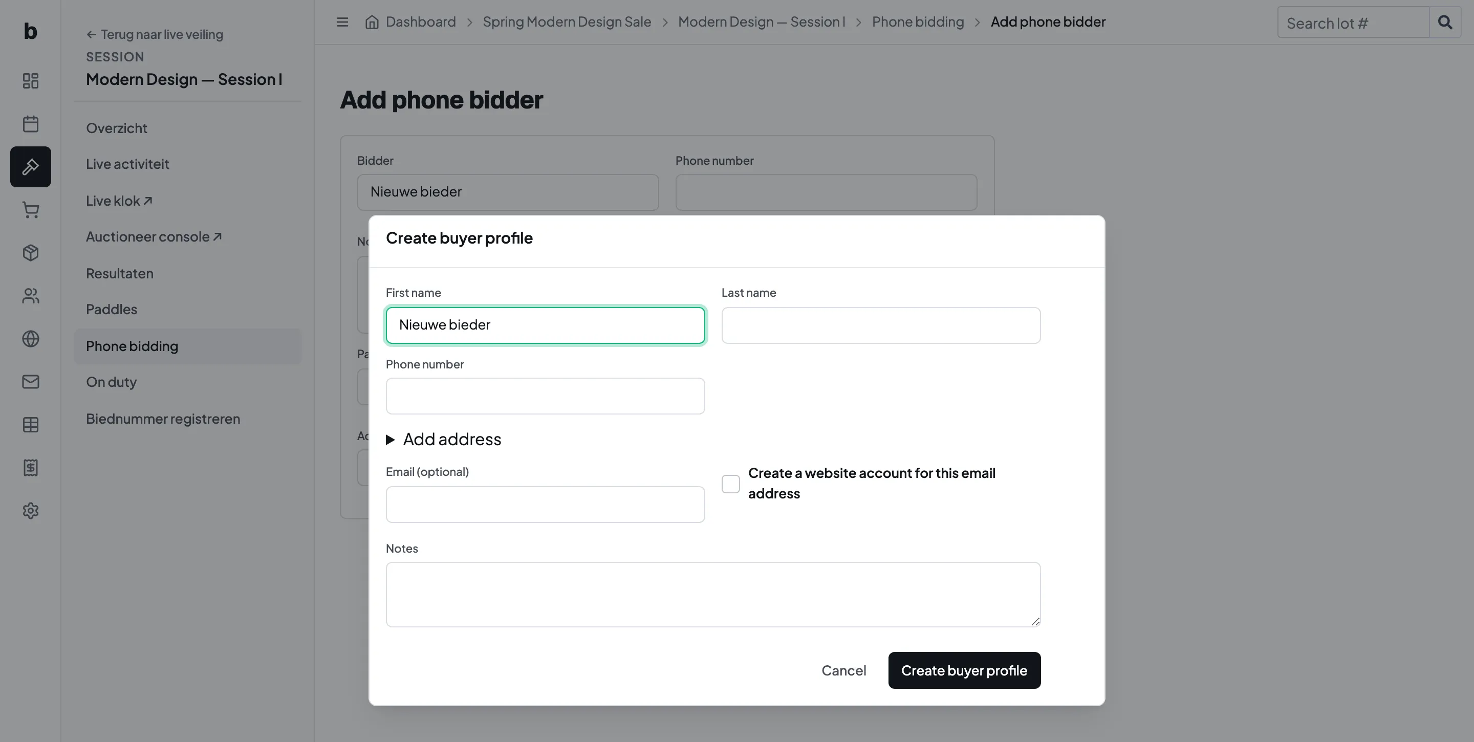 The phone bidder form with the window for a new buyer profile