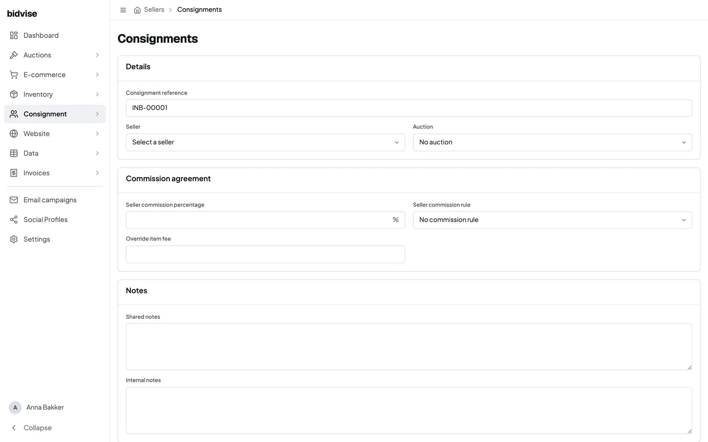 The form for a new consignment
