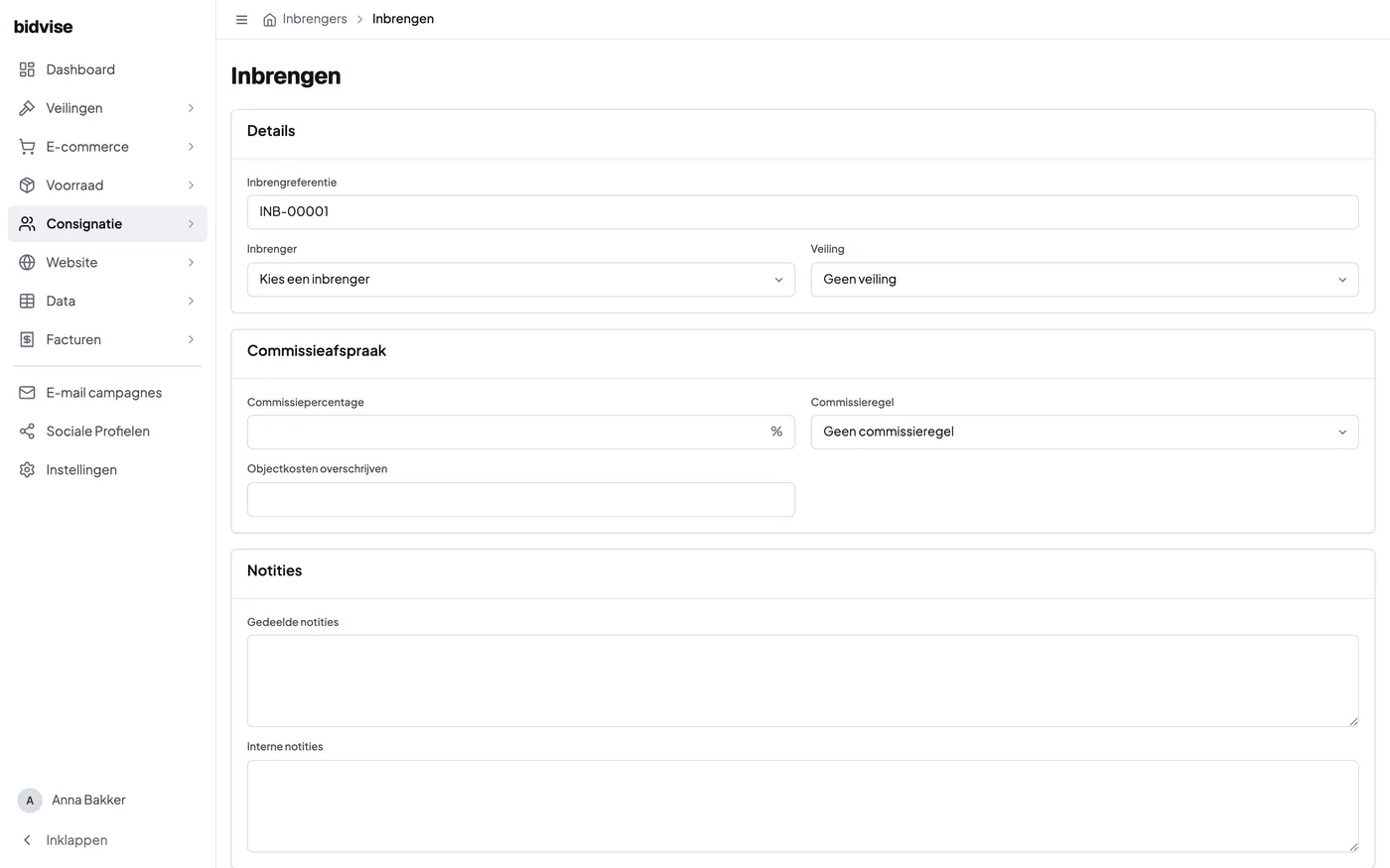 Het formulier voor een nieuwe consignatie