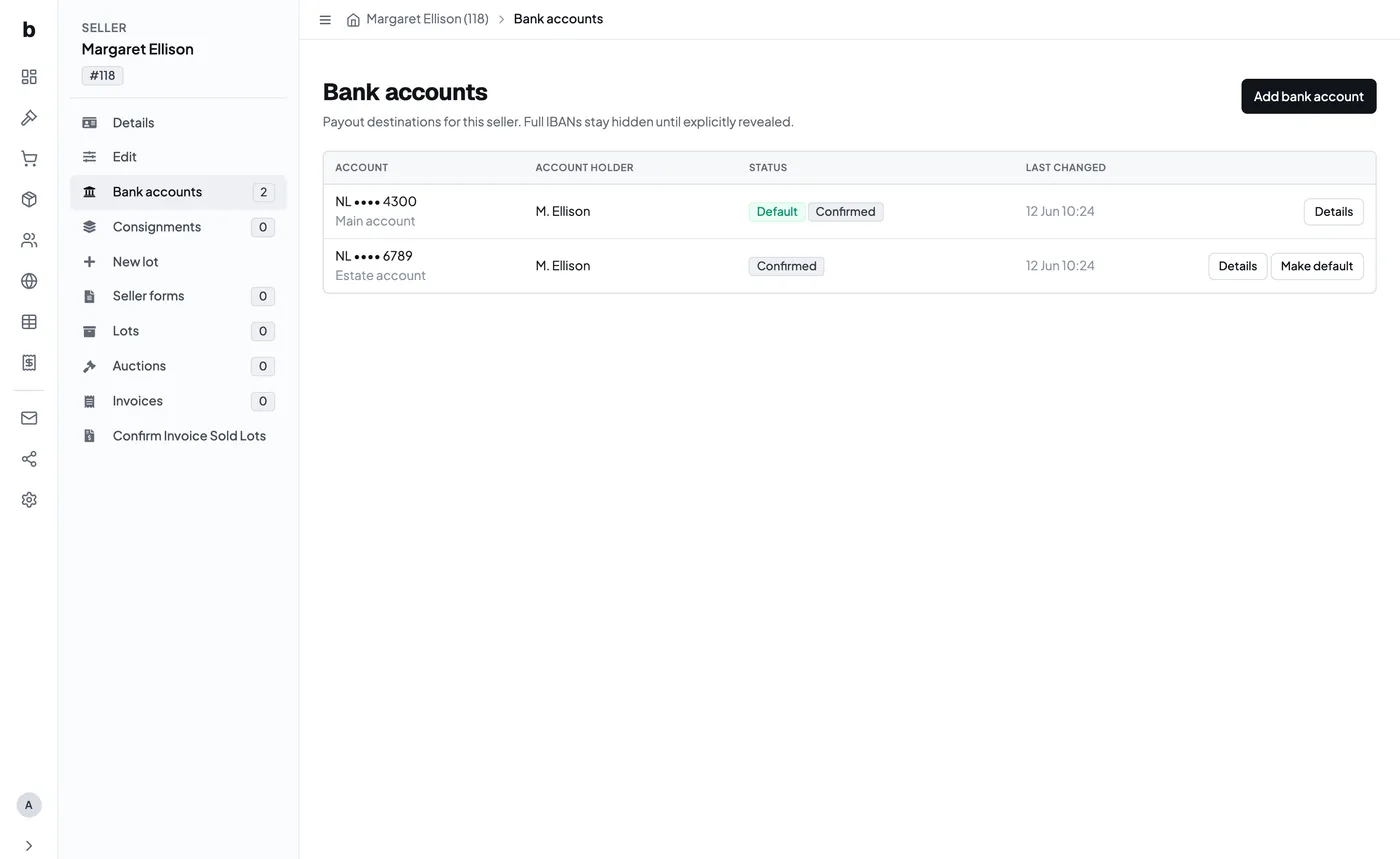A consignor's bank accounts, with masked IBANs and a default account