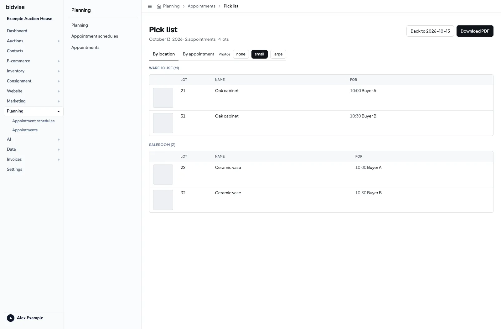 The pick list grouped by location, with the related appointments