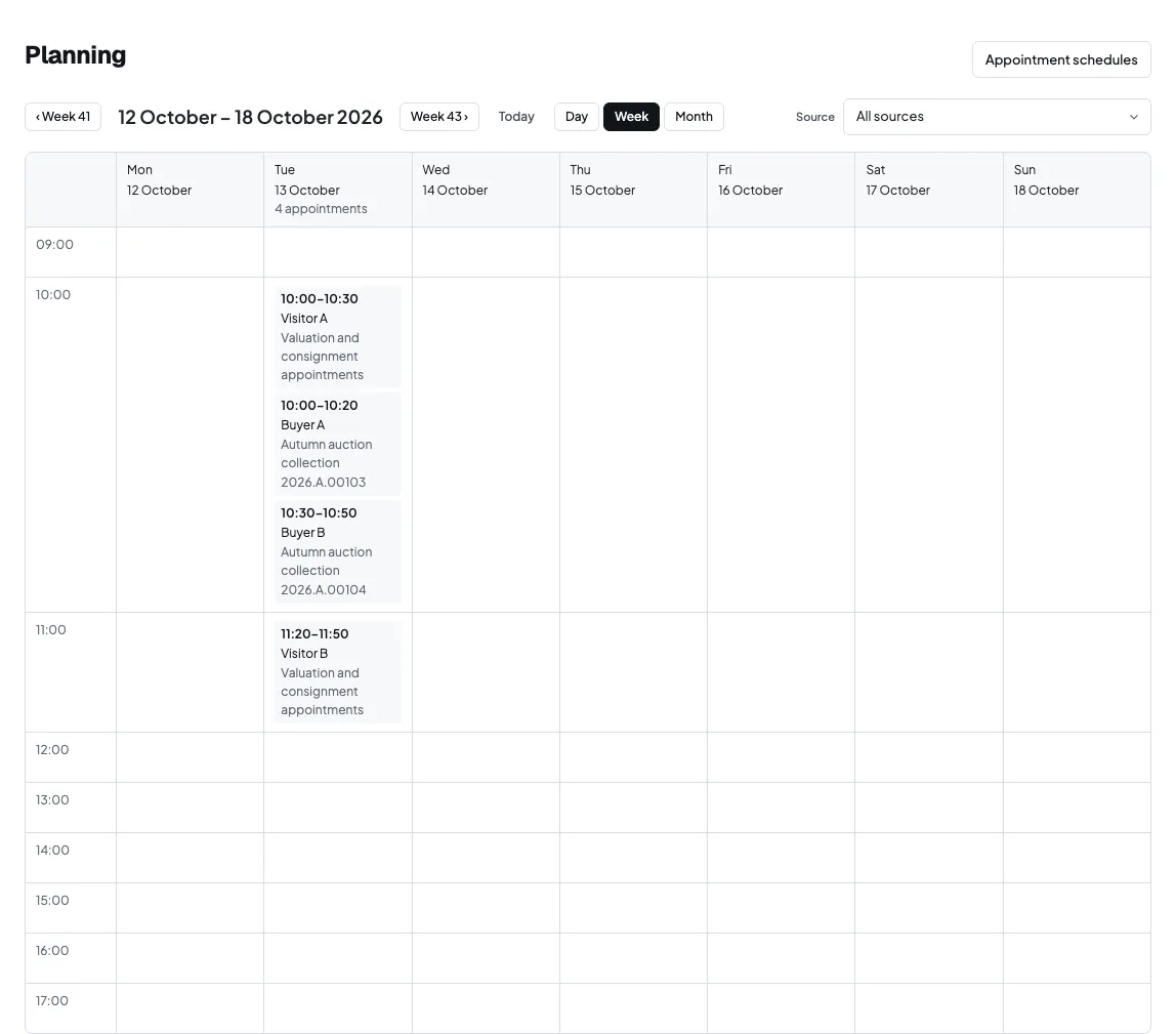 The weekly calendar with valuation and collection appointments