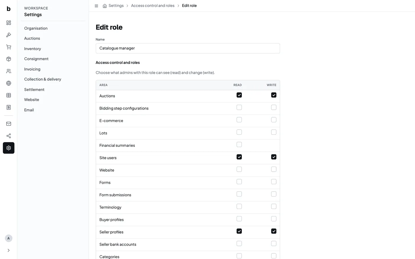 Editing the permissions in a Bidvise role