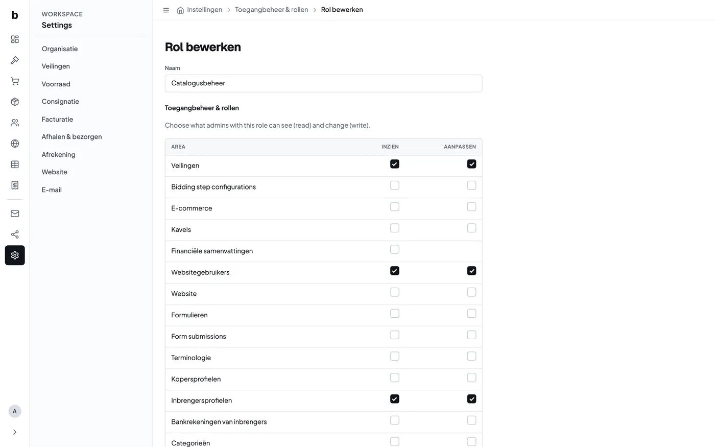 De rechten van een Bidvise-rol bewerken