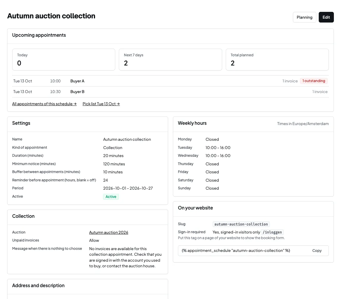 A collection schedule showing the auction, duration, address and weekly hours