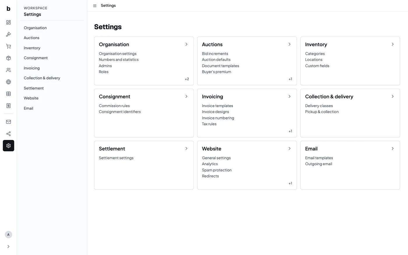 The main Bidvise settings overview